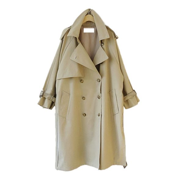 

fat woman professional design autumn winter trench coat double breasted loose fashion khaki long outerwear belted jacket top, Tan;black