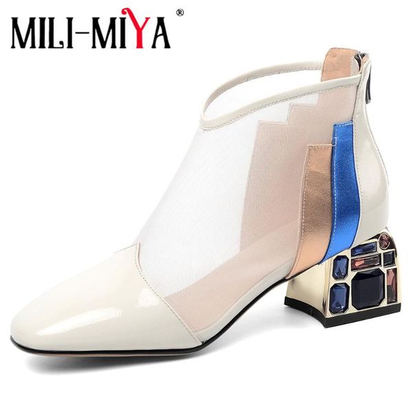 

mili-miya fashion mesh genuine leather woman square high heel sandals new breathable cool boots summer women shoes, Black