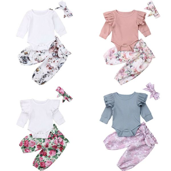 

newborn baby girl 0-24m long sleeve romper printing pants headband outfits clothes au, White