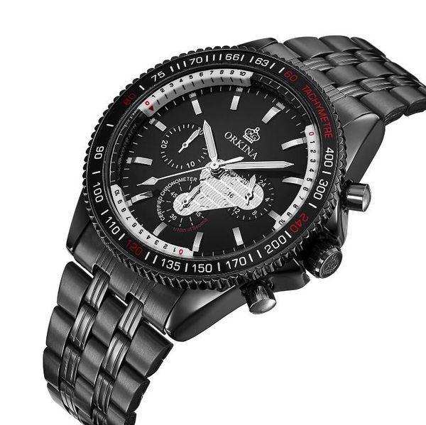 

orkina fashion leisure three eyes six needles business multifunction waterproof steel strip single folding buckle quartz watch, Slivery;brown