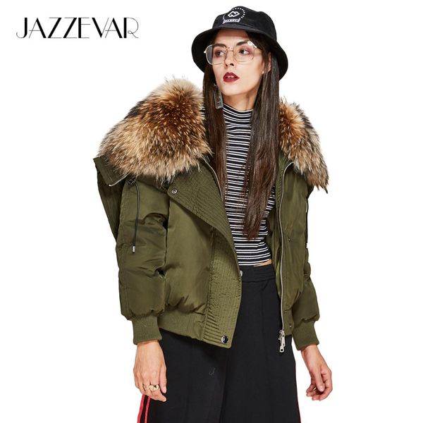 

jazzevar new winter high fashion street trendy women's luxurious down coat large raccoon fur hooded parka bomber jacket, Black