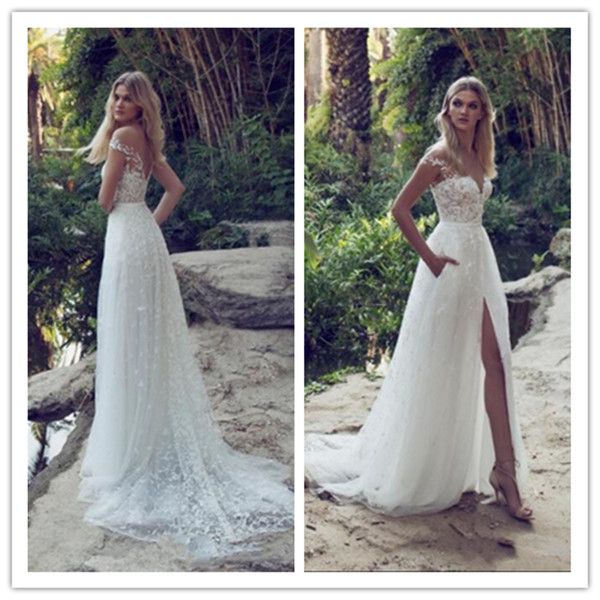 Abiti da sposa interi di alta moda A-Line in pizzo Illusion Corpetto Gioiello Corte dei treni Vintage Garden Beach Boho Wedding Party Brida189m