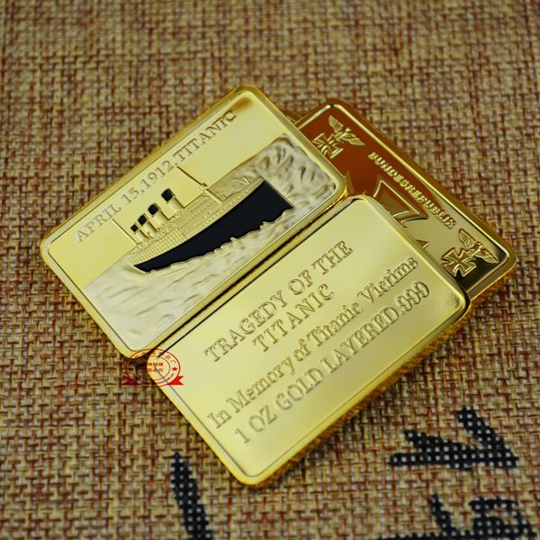 

20pcs/lot, square 24k gold-plated collectible commemorative coin modern decoration titanic gold gold bullion bar bullion bar