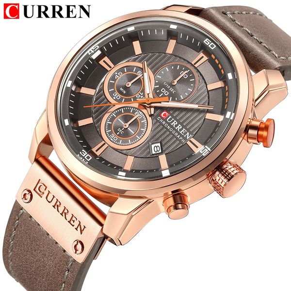 

curren men watch luxury chronograph waterproof leather strap quartz wristwatch with complete date elegant gifts for men reloj, Slivery;brown