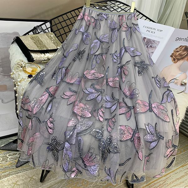 

sequins embroidery dragonfly two layer mesh pleated skirt women 2020 summer high waist long skirts womens elegant, Black