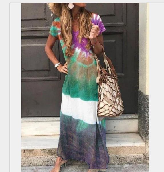 

multi color female clothing loose women designer v-neck long dress short sleeved print casual dresses panelled, Black;gray