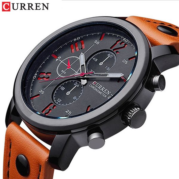 

2018 curren men sport watch waterproof fashion wristwatch montre homme genuine leather relojes hombre quartz male business watch, Slivery;brown