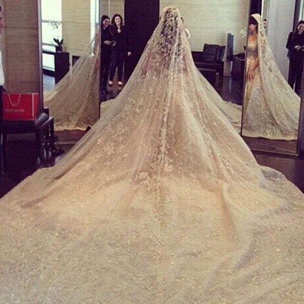 Marfim 5m 1t véus de casamento catedral com strass cristal elegante 1 camada rendas lantejoulas borda frisada véu de casamento nupcial com com2622