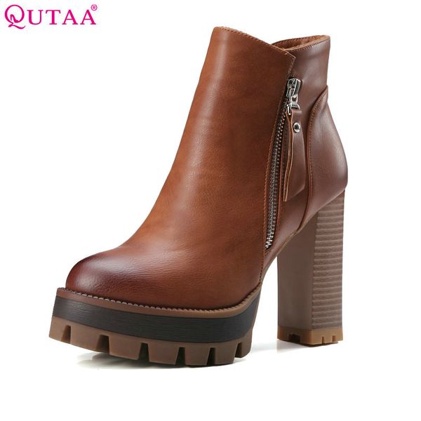 

qutaa gray 2020 round toe pu leather western style women shoes square high heel ankle boot women motorcycle boot size 34-42 t200425, Black