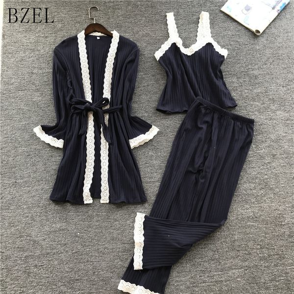 

bzel new 3 pcs women pajamas sets with pants v-neck pyjama cotton nightwear silk negligee sleepwear pyjamas pijama feminino, Blue;gray