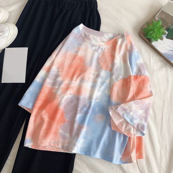 

korean oversize dyeing women t-shirts o neck drop shoulder short sleeve loose female t-shirt 2020 summer casual lady clothes, White