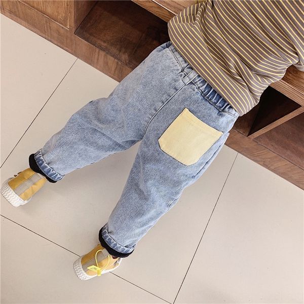 

youyou cat rice 2019 winter fashion fan plus velvet warm and jeans light color high waist loose jeans for children, Blue