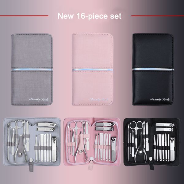 

16 pcs/lot stainless steel professional nail clipper grooming kit manicure pedicure suit tools with leather case nail tools set