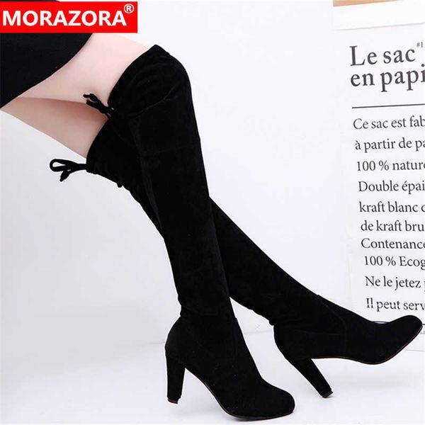 

morazora 2020 new arrival women over the knee boots flock solid colors stretch boots autumn winter high heels shoes ladies, Black