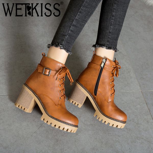 

wetkiss plus size 44 high heels ankle women boots round toe lace up footwear female motorcycle boot platform shoes women winter, Black