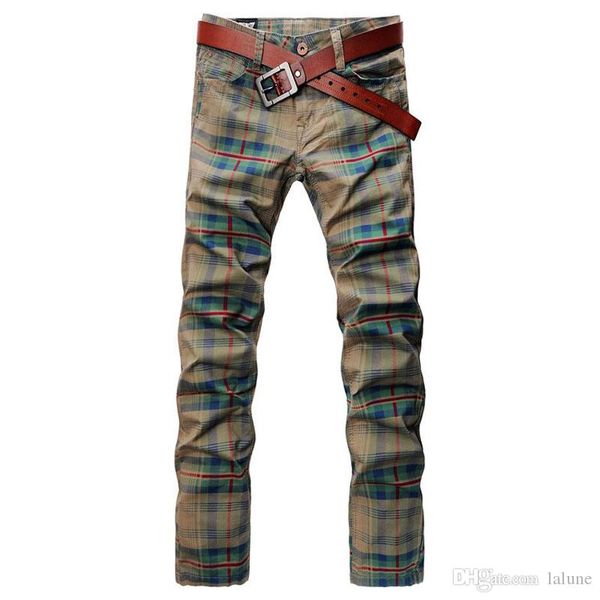 

brands luxury men's plaid jeans new fall straight trousers khaki zipper fly full length pants