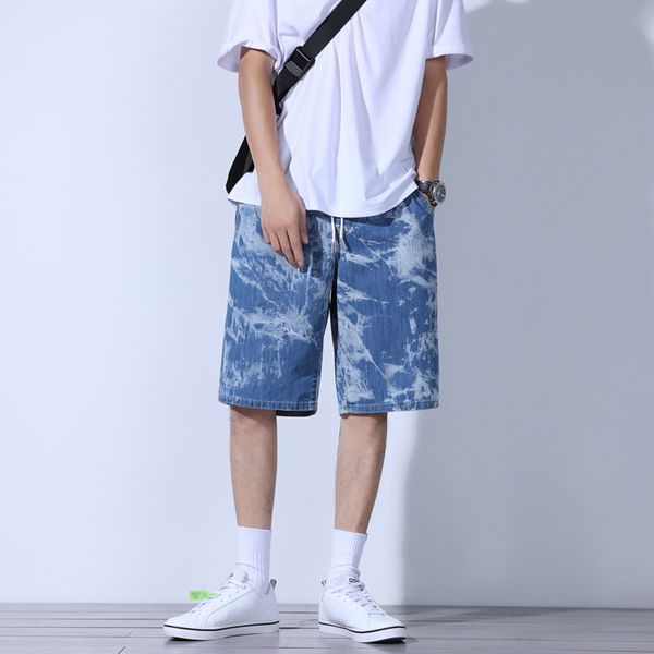 

original popular logo hip-hop tie dye denim shorts summer loose straight male japanese water half 5 minutes of pants, Blue