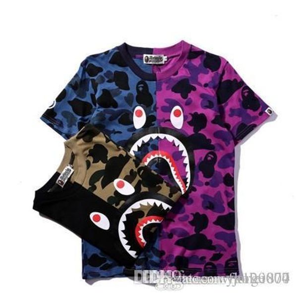 

tide brand ape shark head stitching camouflage t-shirt summer classic two-color dark green purple blue t-shirt sweater men and women new, White;black