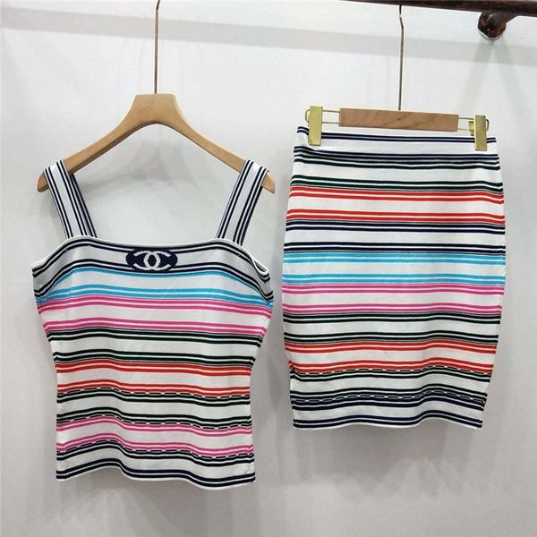 

women designer 2 piece dress summer condole belt sleeveless shirt + skirts luxury sets color strip lines jacquard weave camisole half skirt, White