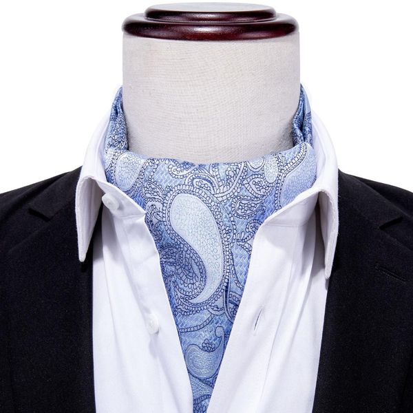 

blue paisley silk ascot for men black scarf tie suit men's necktie jacquard set fashion pocket square cufflink barry.wangas-019, Blue;white