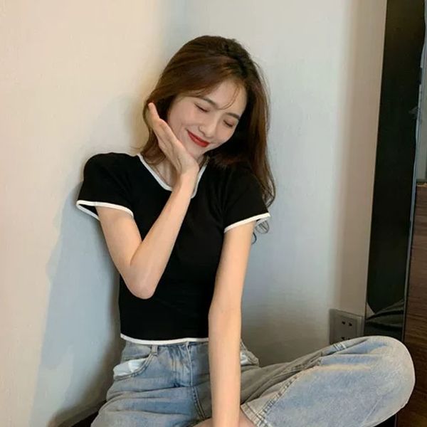 

knitted short-sleeved t- women's summer tide 2020 high waist short slim t-shirt short skirt skirt round collar base shirt, White