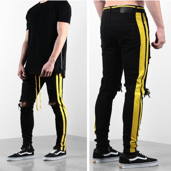 

new mens denim modis black mezclilla slim fit calca jeans masculina hole denim trousers men side yellow ribbon stretch jeans men, Blue