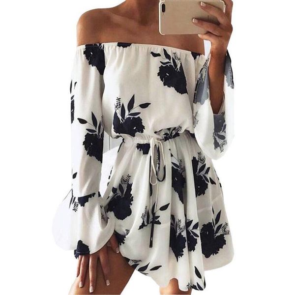 

casual dresses jaycosin 2021 spring dress womens off shoulder floral printed long sleeve beach with belt fashion elegant vestido, Black;gray