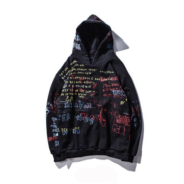 

kimsere men's fashion printed hip hop hoodies hi street graffiti sweatshirt for man printed pullover hoody with hood loose fit, Black