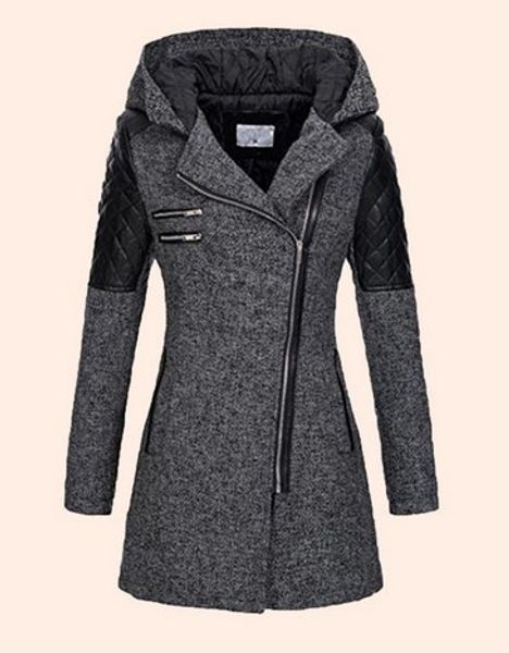

women winter hooded coat autumn zipper slim fashion patchwork black female overcoats dropshipping