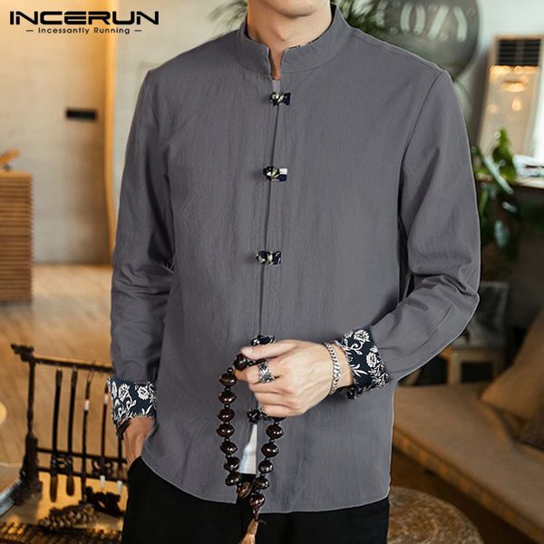 

incerun chinese traditional shirt men long sleeve solid button cotton camisa mandarin collar retro casual mens shirt streetwear, White;black