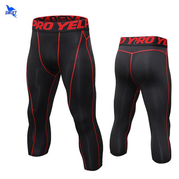 Capri Yoga Leggings Homens Alta Elasticidade Esportes Calças Colhidas Quick Seco Ginásio Running Fitness Pele Calças de Compressão Calças 3/4