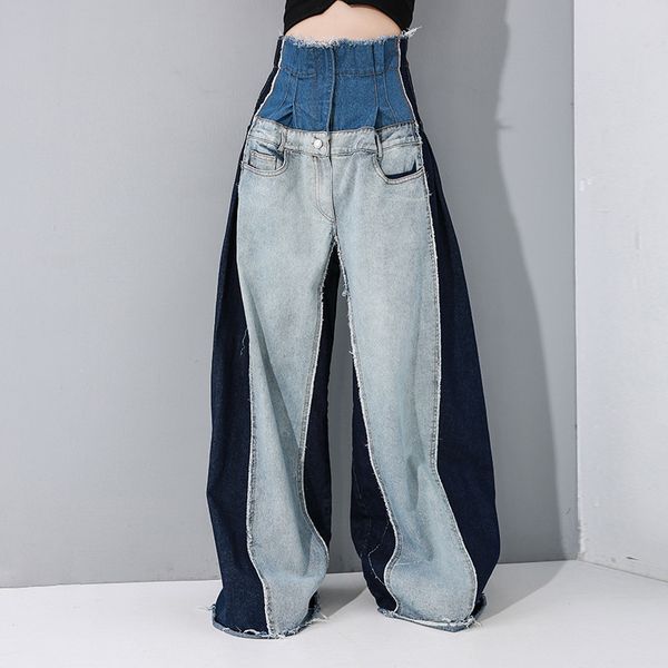 

women's personalized jeans 2020 early spring wash and hit color ultra long mopping jeans street personalized wide-leg pants, Blue