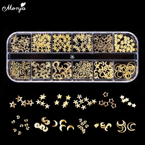 

monja 12 grid mixed style nail art moon star gold metal rivet studs 3d diy charm decoration accessories, Silver;gold