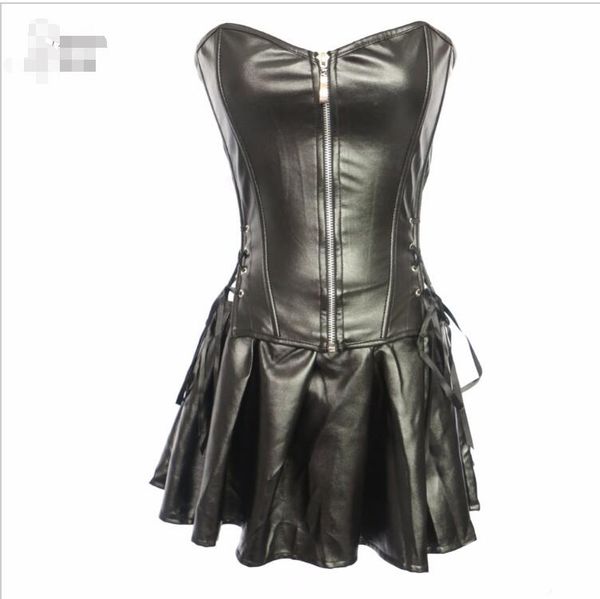 

plus size women steampunk faux leather waist cincher zipper boned bustier corset dress overbust brocade over size s-6x, Black;white