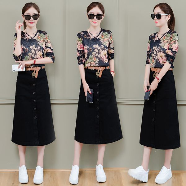 

woman's sets 2019 new summer new fashion temperament ladies slim short sleeve t-shirt shirt with midi skirt two-piece set women, White