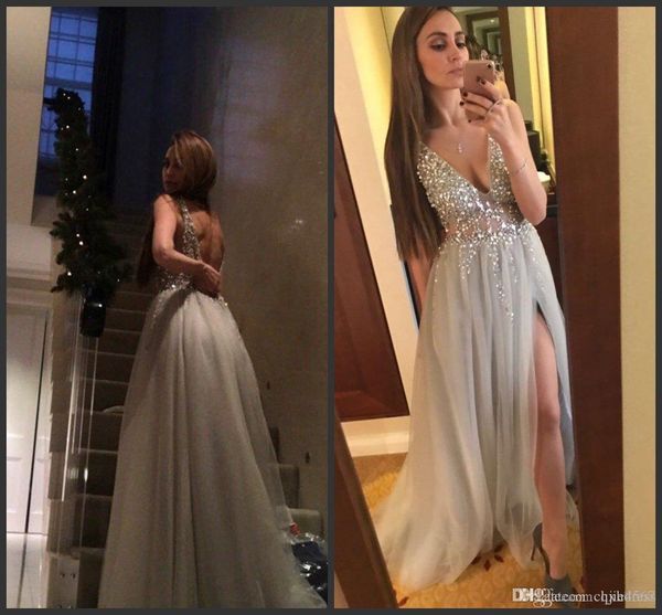 

2019 new plunging v neck gary prom dresses sequins beaded a line illusion tulle long party evening gowns open back robe de soriee aw349, Black