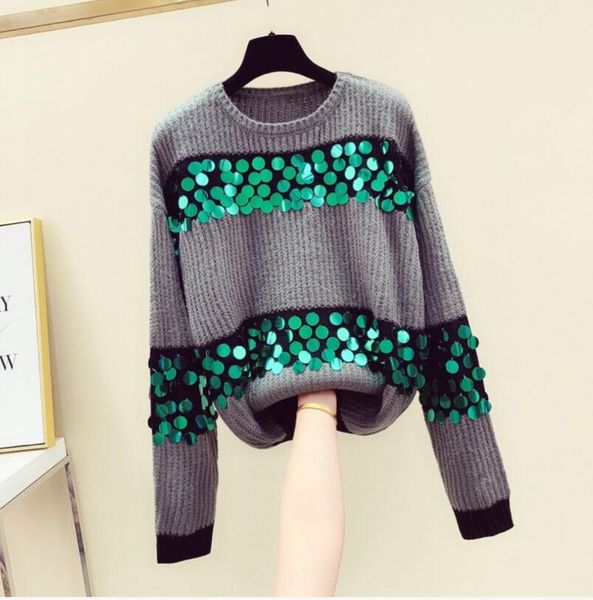 

2020 loose sweater women's autumn and winter new korean long-sleeved rainbow sequin sweater sweaters student pullovers mujer, White;black