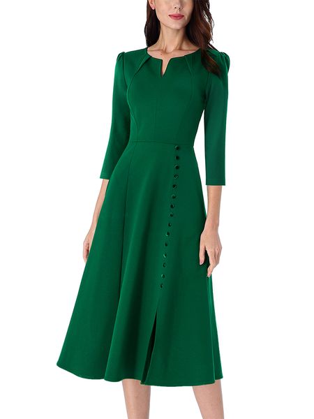 

vfemage women pleated notch v neck pockets buttons work office business cocktail party fit & flare a-line skater midi dress 2867, Black;pink