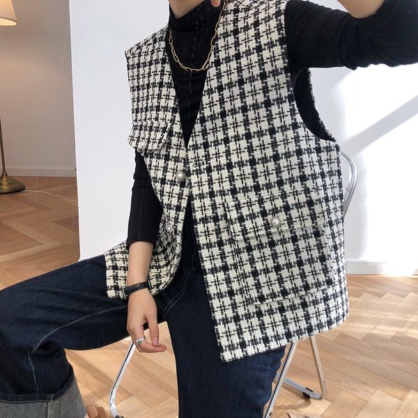 

tvvovvin fashion vest woman 2019 autumn open stitch all-match coarse tweed plaid vest loose coat for girl woman zx083, Black;white