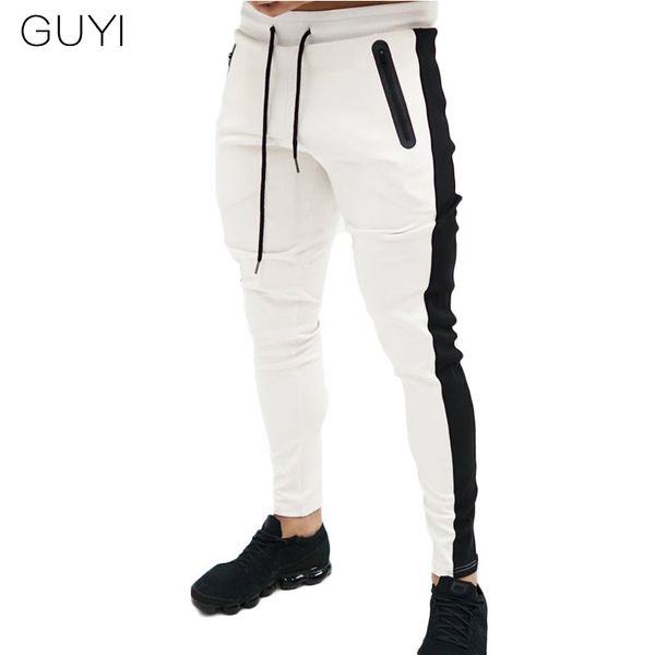 

guyi 8 colors patchwork side stripe sport pants men's skinny drawstring straight bottoms fashion sport fitness casual pants, Black