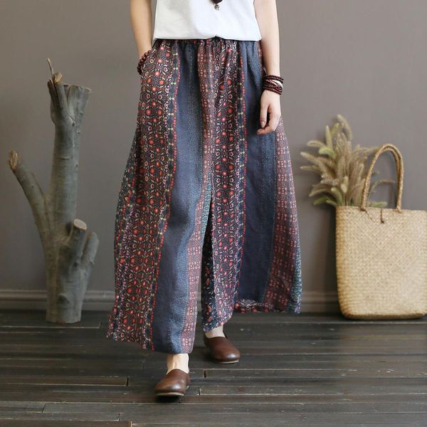 

vintage print hit color elastic mid waist loose women pants new pockets autumn ramie full length wide leg pants, Red