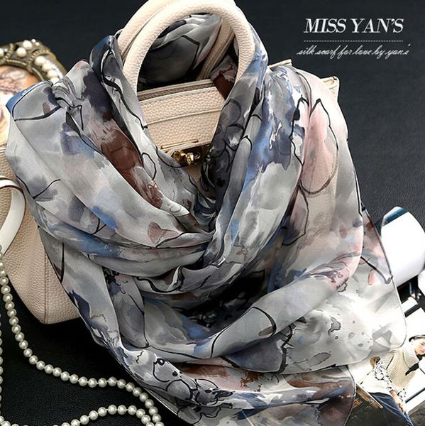 

genuine silk women scarf fashion chinese style ink lotus print scarves 2017 spring summer winter shawl
