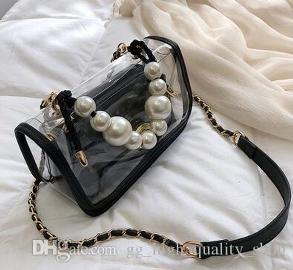 

new fashion women's pearl hand-held baitao pvc single shoulder slant small square bag chain small fragrance wind