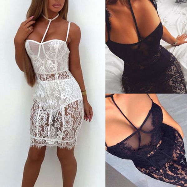 

Sexy Womens Lace Crochet Bodydoll Bandage Clubwear Summer Bodycon Vestidos Party G-String Sleeveless Sleepwear Pencil Mini Dress