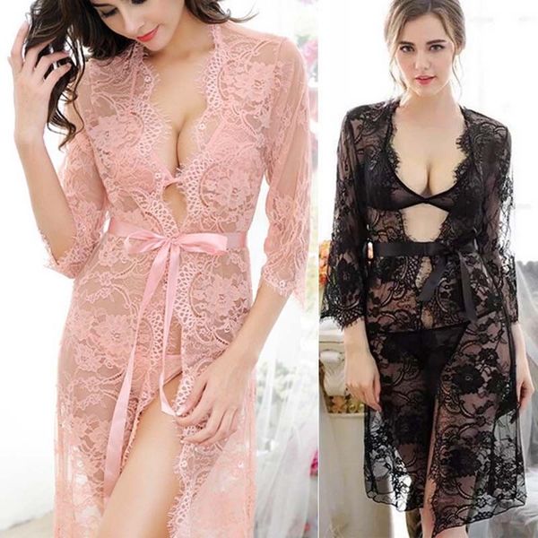 

lingerie women silk lace robe dress nightdress sleepwear, Black;red