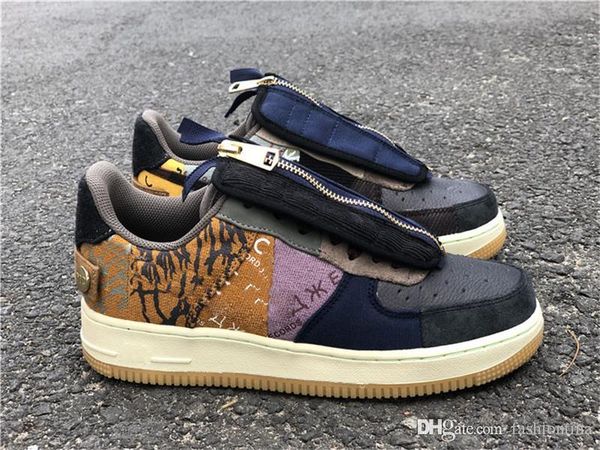 

2019 Аутентичные Трэвис Скотт х 02AirForce 1 Low Multi-Color / Приглушенный Бронзового Ископаемые Оригинал Мужские баскетбольные кроссовки Спорт Кроссовки CN2405-900