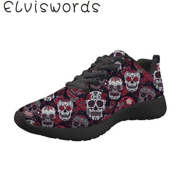 

elvisword classic sugar skull print breathable women lightweight summer sport runing shoes outdoor travel basketbale shoe, Black