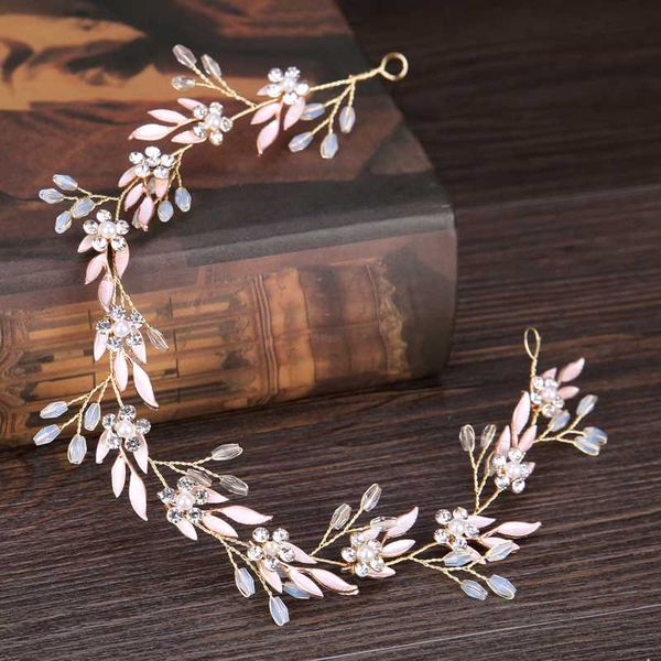 

gold color leaves handmade headbands wedding hair accessories pearl crystal hairbands bridal hair jewelry floral style ornament, Golden;white