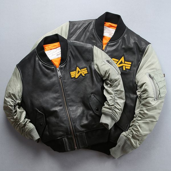 

embroidery men's flight patchwork baseball jacket men parent-child wear fashion brand cotton genuine leather coat kid, Black