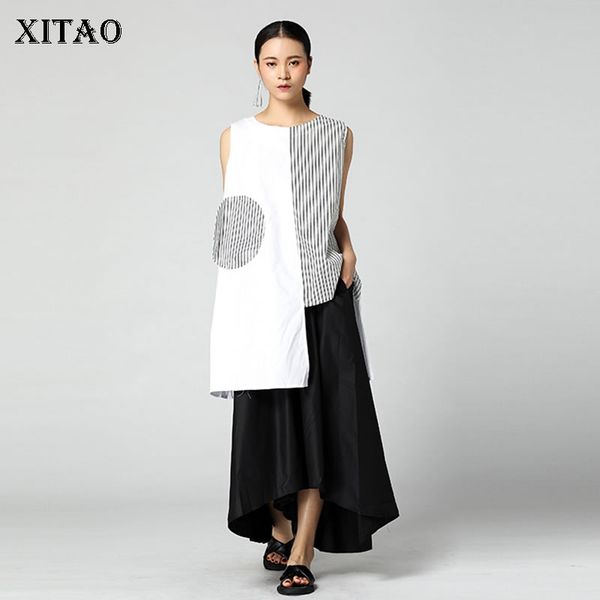 

xitao irregular strep splice women tank casual hit color o neck sleeveless womens clothing korean style summer new kzh1981, White